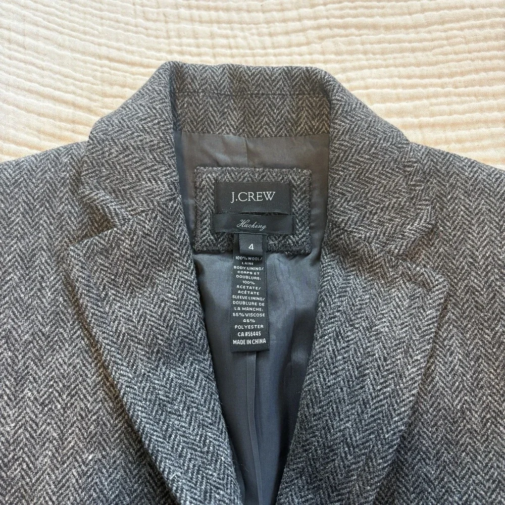 J CREW Womens Sz 4 Gray Black Herringbone Wool Button Lined Jacket Blazer - Picture 2 of 8